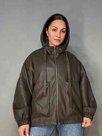 Куртка женская Dolly Villa JY-08-6396 из экокожи оверсайз с капюшоном большие размеры коричневая, коричневый, 2XL Киев