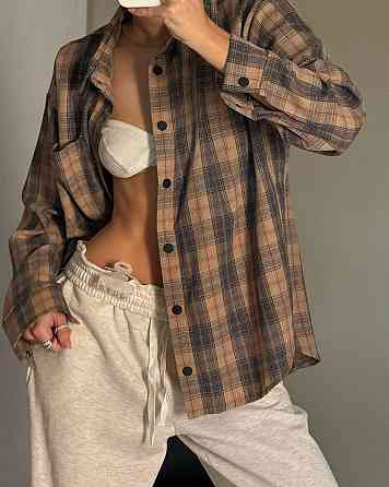 Женская трендовая оверсайз рубашка в клетку турецкий поликотон Карамельный Одесса