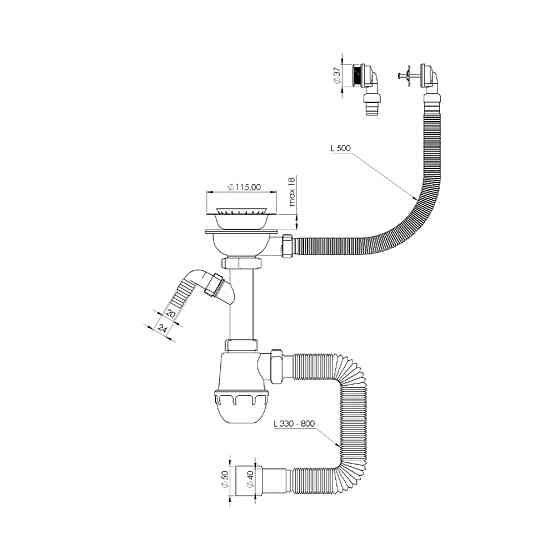 TAU Сифон для кухонной мойки с нержавеющим выпуском 3½" выводом под стир. машину круглым перели Київ