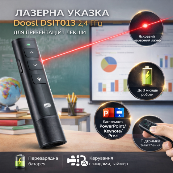 Doosl DSIT013 2.4 ГГц з акумулятором, презентер 100 м для PowerPoint/Keynote/Prezi, чорна Київ