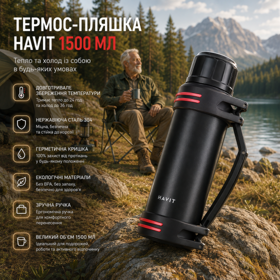 Термос-бутылка Havit 1500 мл из нержавеющей стали, вакуумная термобутылка с ручкой, черная Киев