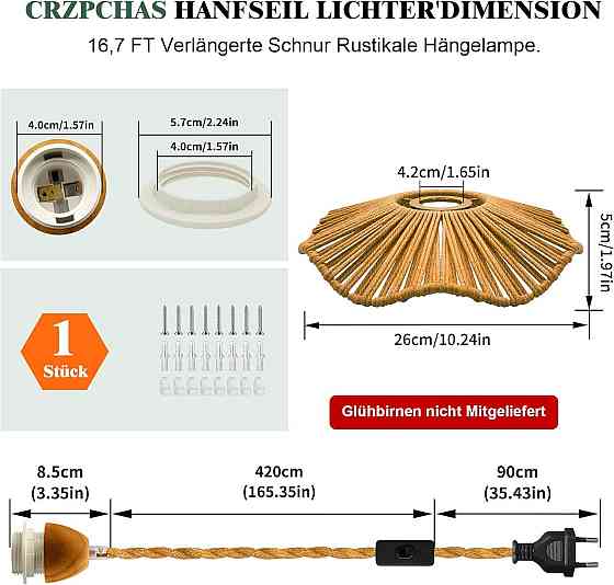 Подвесной светильник из конопляного каната E27 с выключателем и вилкой кабель 510 см для деревенского стиля Киев