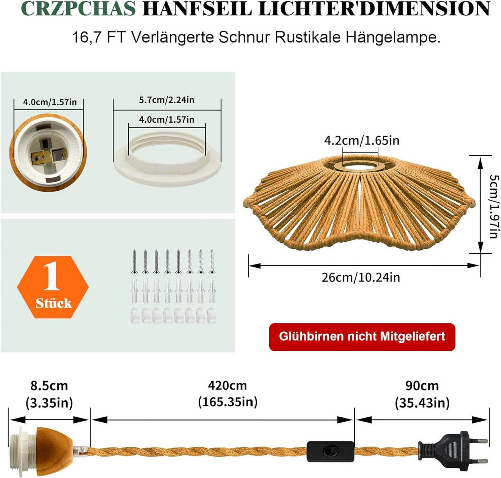 Подвесной светильник из конопляного каната E27 с выключателем и вилкой кабель 510 см для деревенского стиля Киев - изображение 2