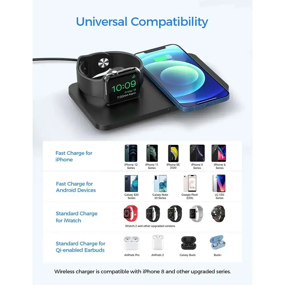Уцінка Seneo PA150 Бездротовий зарядний пристрій 2-в-1 для смартфона та Apple Watch, Qi 10W, швидка зарядка, Чорний Київ - фото 6