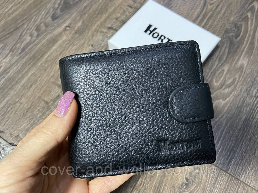 Невеликий чоловічий гаманець із натуральної шкіри флотар чорного кольору Horton 208 Київ - фото 1