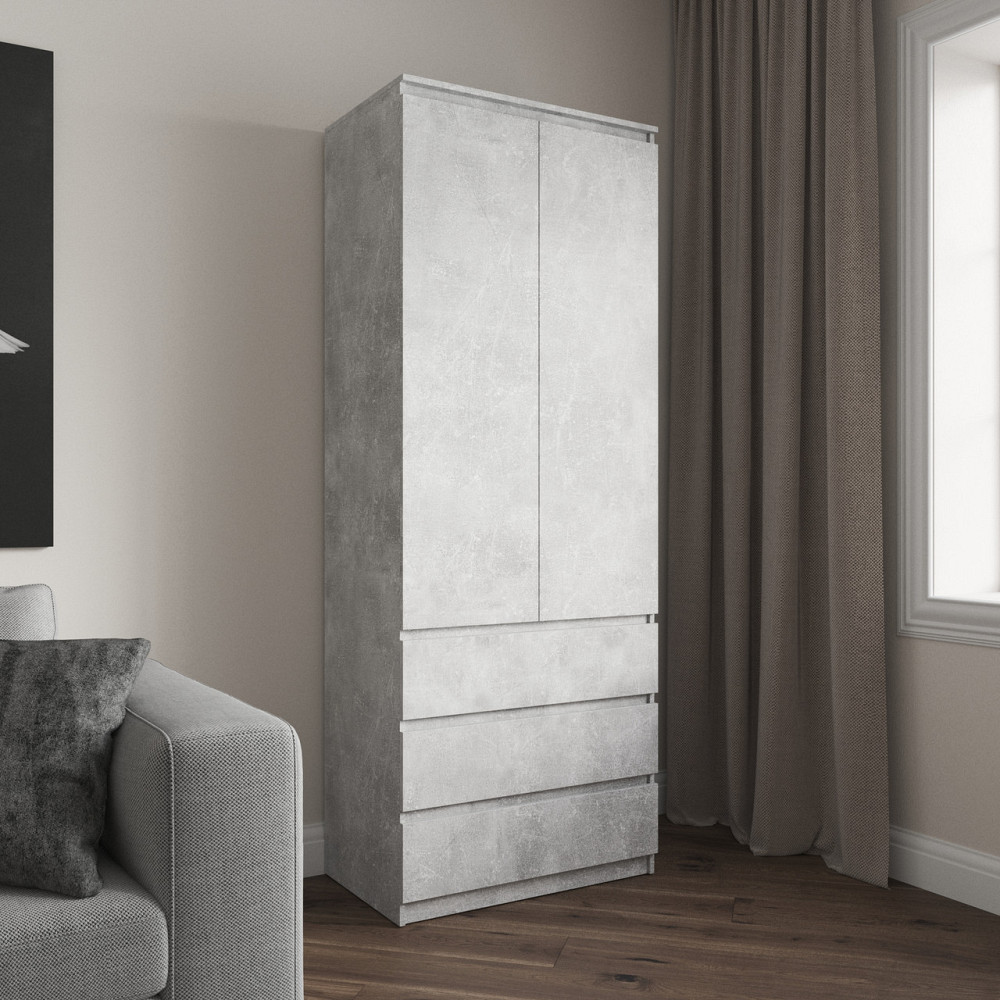 Шафа для одягу VAYS R-16 Бетон, 3 шухляди, полиці, без ручок, ЛДСП, 80×50×211 см – для спальні, вітальні, передпокою Львів - фото 1