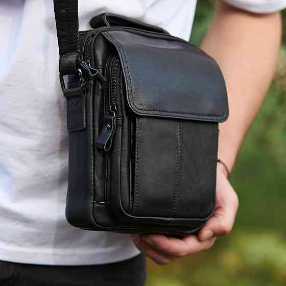 Сумка-барсетка мужская через плечо кожаная гладкая черная Tiding Bag TD-55467 Каменское
