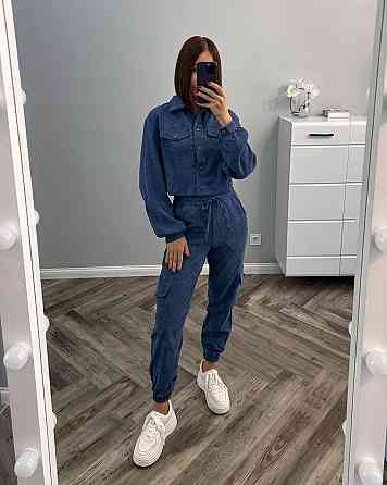 Женский стильный базовый костюм двойка из микровельвета Джинс, 46/48 Одесса