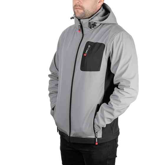 Куртка SOFTSHELL світло-сіро/чорна, з капюшоном, тришарова, стрейч 300 GSM 100D, водо-/вітрозахист, 96% поліестер / 4% еластан, 3 кишені, M Львів