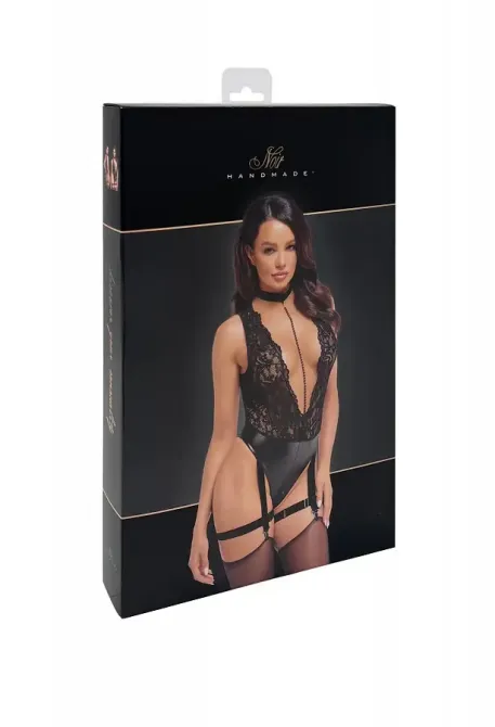 Боді Noir Handmade F297 Libido Deep-V bodysuit with collar, pearl chain and garter - 3XL Львів - фото 6