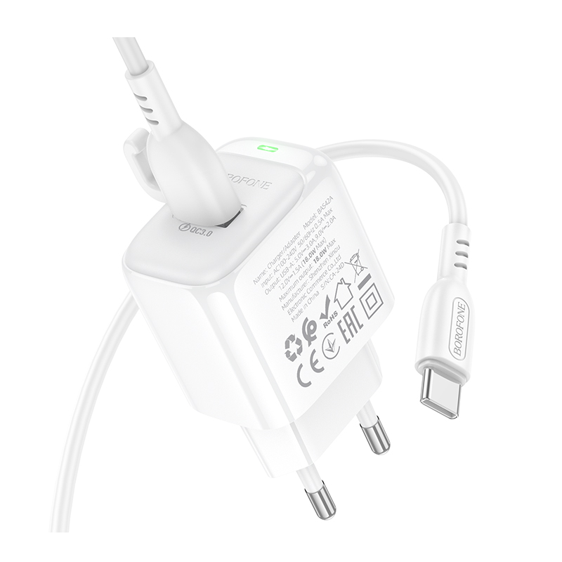 Мережевий зарядний пристрій з кабелем BOROFONE BAS42A Potential single-port QC3.0 charger set(Type-C) 18W White Одеса - фото 6