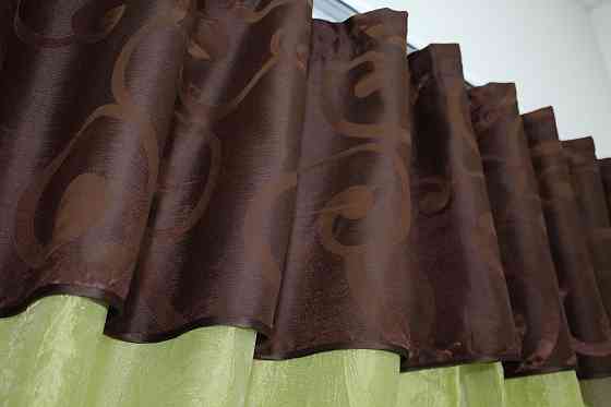 Кухонные шторы VR-Textil № 073к с ламбрекеном и подхватами салатовый с коричневым 270х170 см ( 52-0073) Киев