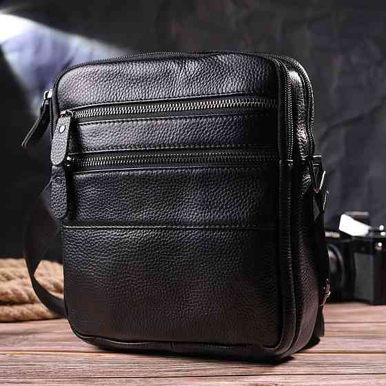 Стильна чоловіча сумка з натуральної зернистої шкіри 21398 Vintage Чорна Київ