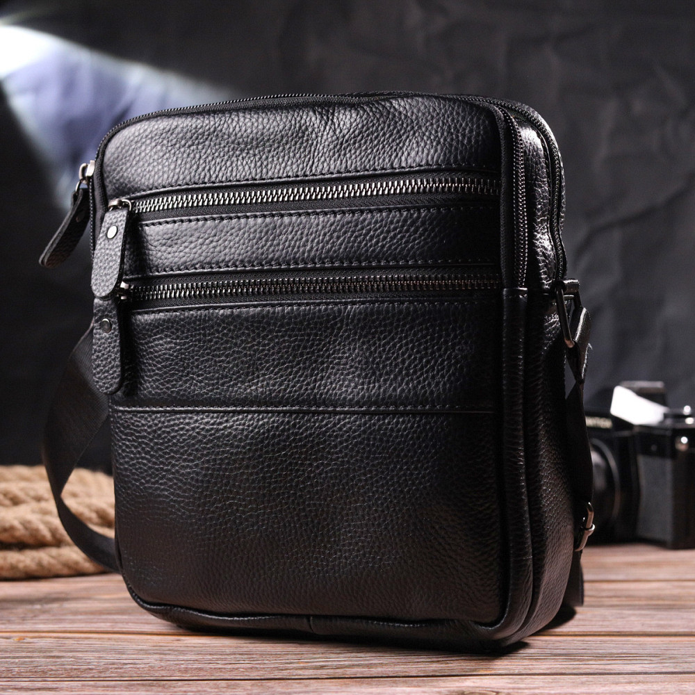 Стильна чоловіча сумка з натуральної зернистої шкіри 21398 Vintage Чорна Київ - фото 3