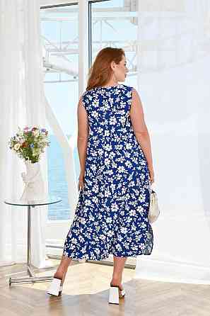 Женское легкое принтованное платье батал жатый лен Синий, 52/54 Одесса