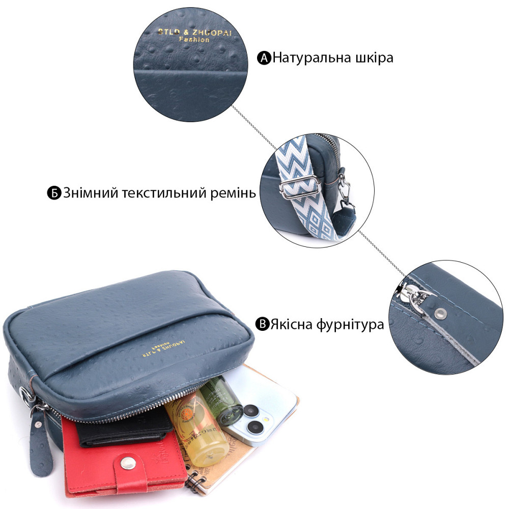 Интересная сумка для женщин из фактурной натуральной кожи Vintage 22661 Синяя Киев - изображение 4