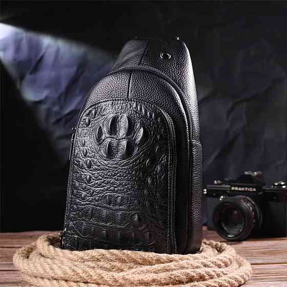 Чоловіча сумка слінг із натуральної фактурної шкіри 21400 Vintage Чорний Київ