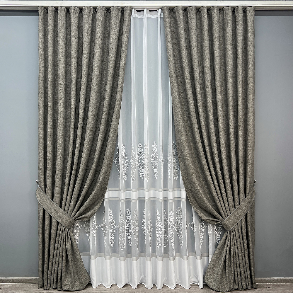 Комплект штор VR-Textil Лен ALORA-TON 200х270 2шт и Тюль 500х270 1871ш-1701т Серый с белым 71-202/6 Киев - изображение 1
