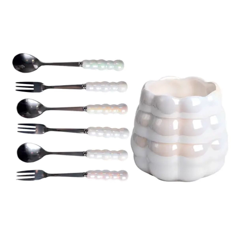 Yiwu Набір десертних виделок і ложок на 3 персони з підставкою з порцелянау 7 предметів Перламу Коломия - фото 1