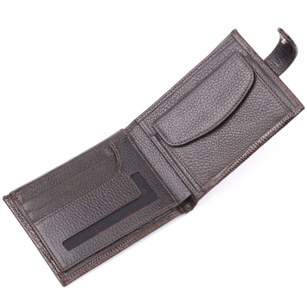 Лаковане чоловіче портмоне з хлястиком із натуральної фактурної шкіри KARYA 21082 Коричневий Київ - фото 6