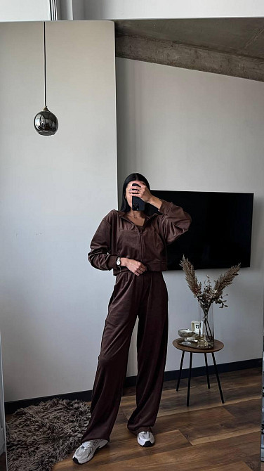 Жіночий плюшевий прогулянковий костюм-трійка: кофта топ і штани велюр Шоколад, 42/44 Одеса - фото 5