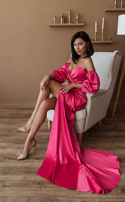 Женское роскошное вечернее платье со шлейфом и съемными рукавами из королевского атласа Розовый, S Одесса - изображение 9
