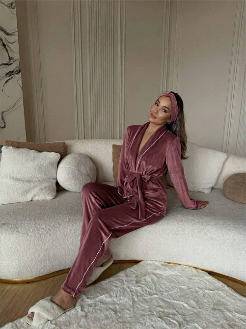 Жіноча затишна піжама: халат-кімоно, штани + пов'язка на голову велюр Какао, 46/48 Одеса - фото 3