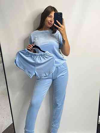 Пижама-комплект (футболка+шорти+штаны) из плюшевого велюра Голубой XXL Харьков