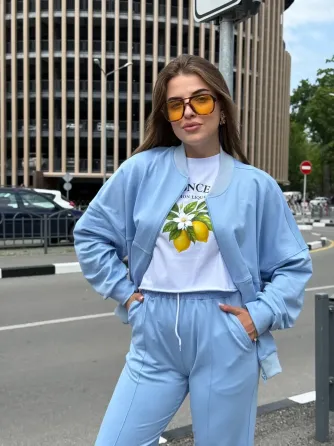 Женский костюм оверсайз с широкими брюками из двунитки Голубой 42/44 Харьков