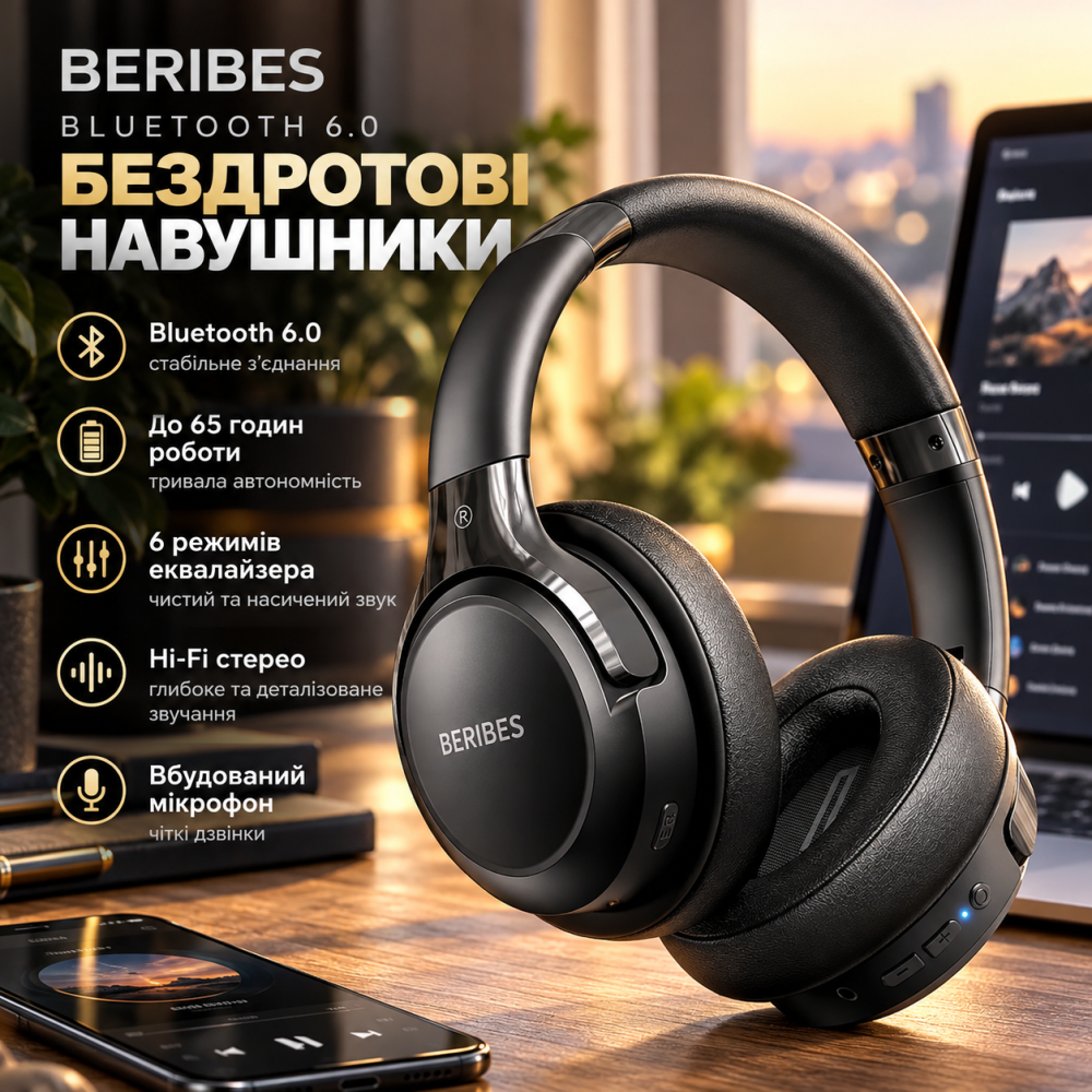 Беспроводные наушники BERIBES Bluetooth 6.0, 65 часов работы, 6 режимов эквалайзера, Hi-Fi стерео, микрофон, черные Киев - изображение 1