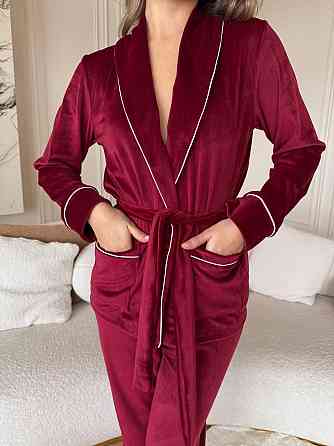 Жіноча затишна піжама: халат-кімоно, штани + пов'язка на голову велюр Бургунді, 46/48 Одеса