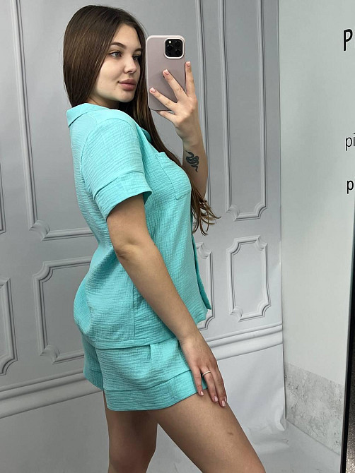 Пижама женская шорты и рубашка муслиновая Бирюзовый L Харьков - изображение 3