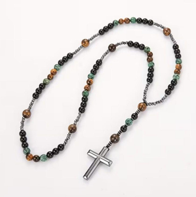 Винтажное ожерелье с крестом из африканской яшмы, тигрового глаза и черного агата Киев - изображение 2