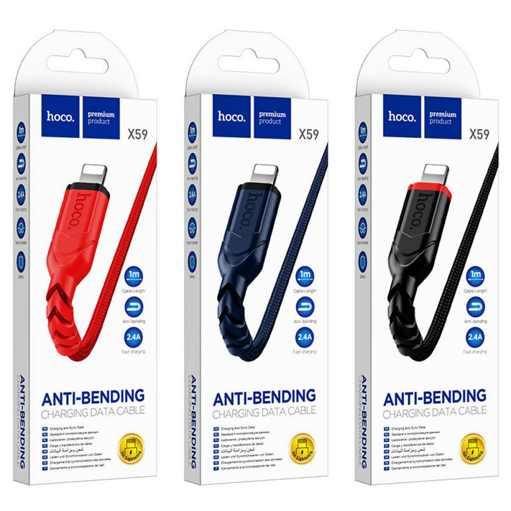 Кабель HOCO X59 USB - Lightning 2.4A, 1m, нейлон, TPE конектори, колір чорний 6931474744869 Одеса - фото 6