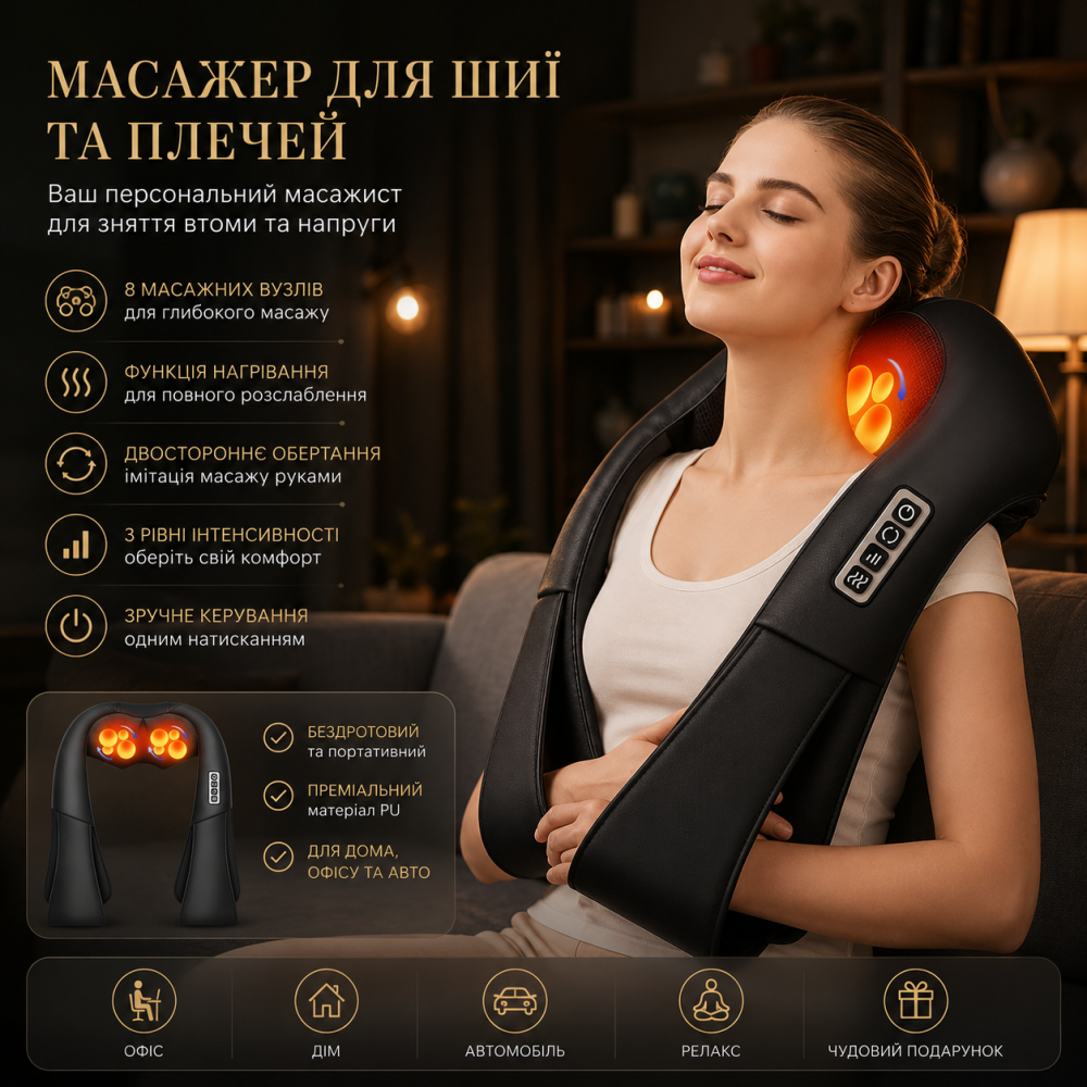 Массажер для шеи и плеч AERLANG Shiatsu, массажер для спины с нагреванием, более глубоким разминающим массажем тканей для плеч Киев - изображение 1