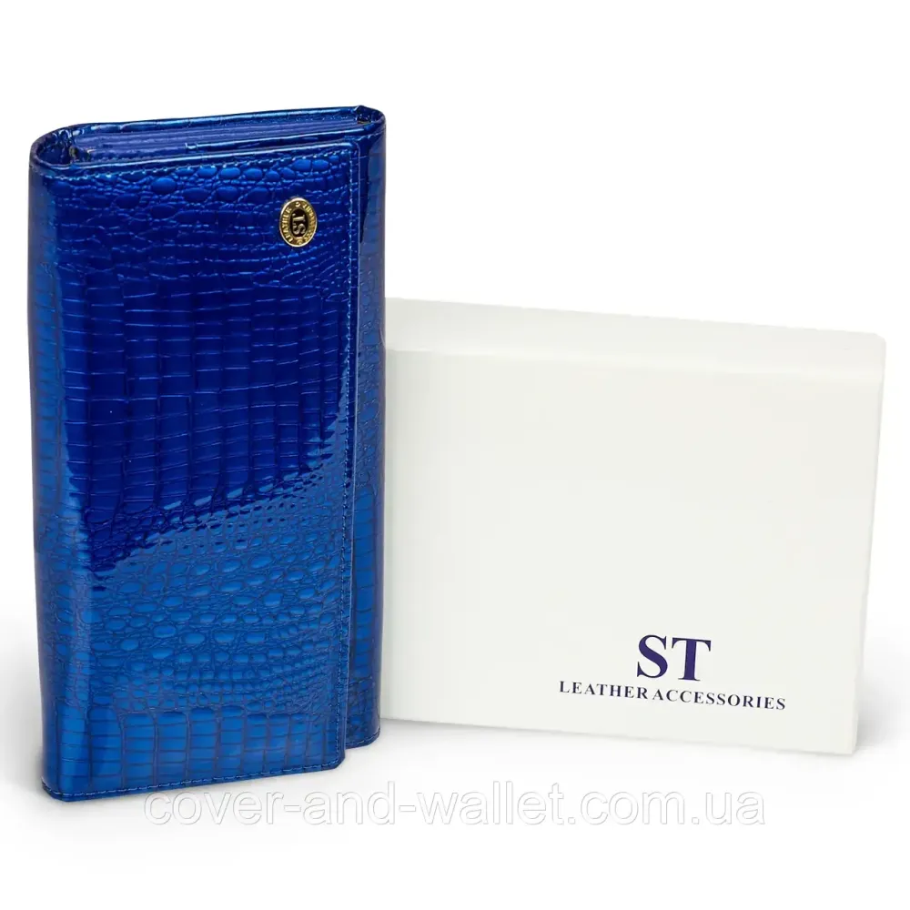Классический лаковый женский кошелёк из натуральной кожи с монетницей ST 3001 Синий Киев - изображение 6
