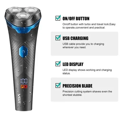 Електробритва чоловіча роторна VGR V-314 IPX6 LCD + дорожня сумочка (Чорний) Вінниця - фото 4