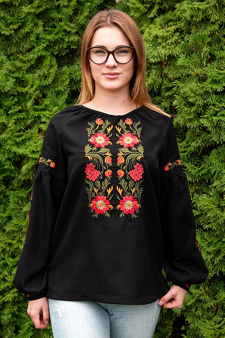 Вышиванка женская с длинным рукавом  льняная, черная  топ Киев - изображение 5