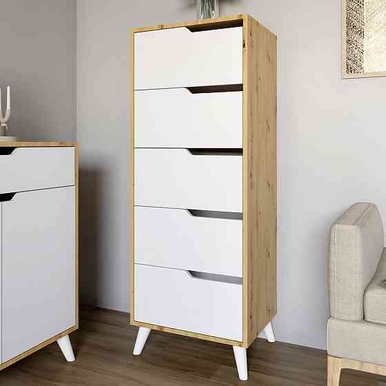 Комод высокий с белыми ножками 5 ящиков М-ЗОН Борн 500 Дуб Артизан/Нимфея Альба (белый) (MZN-031103) Львов