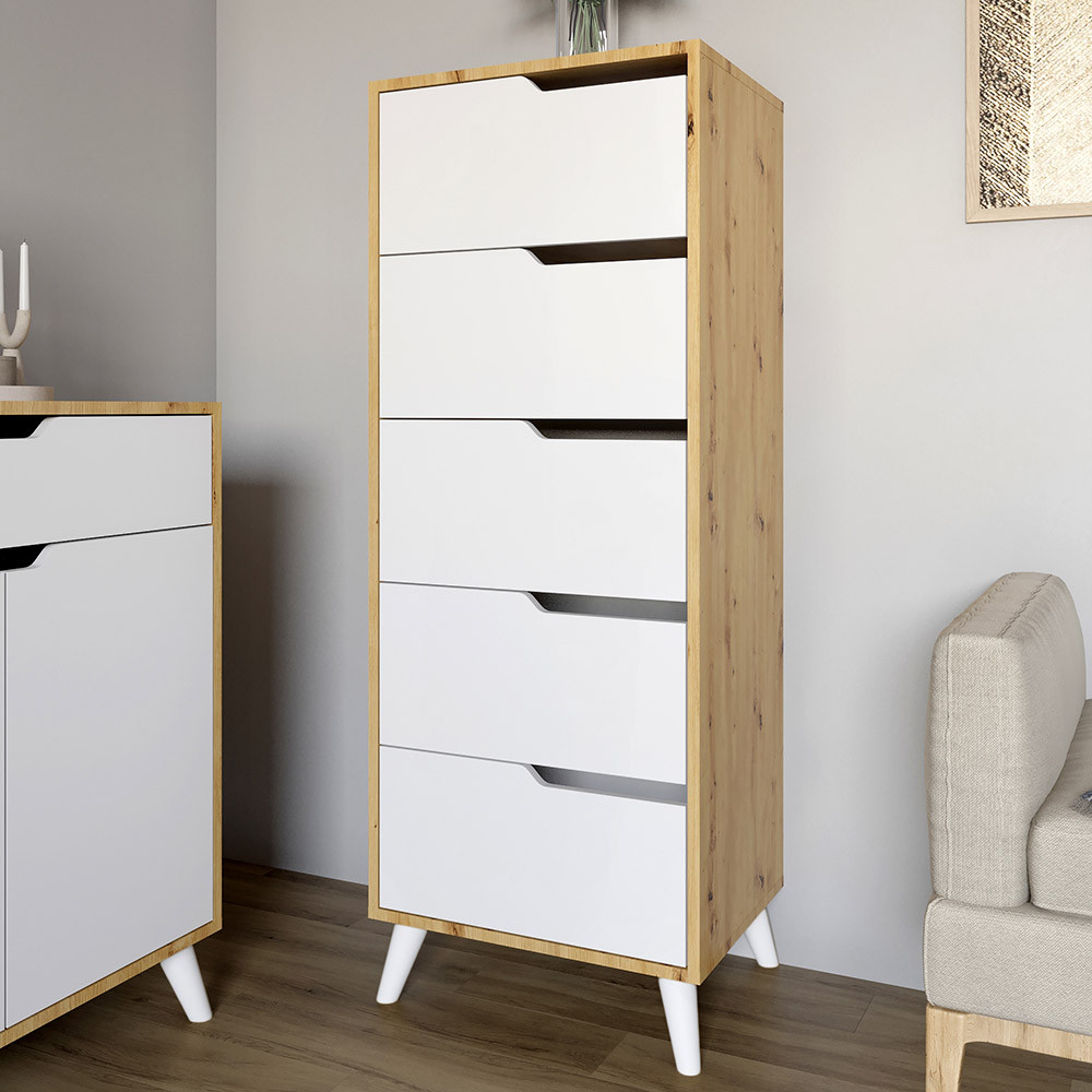 Комод высокий с белыми ножками 5 ящиков М-ЗОН Борн 500 Дуб Артизан/Нимфея Альба (белый) (MZN-031103) Львов - изображение 1