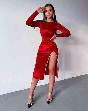 Жіноча стильна святкова мідіплаття оксамитова з розрізом із королівського оксамиту Червоний, 46/48 Одеса