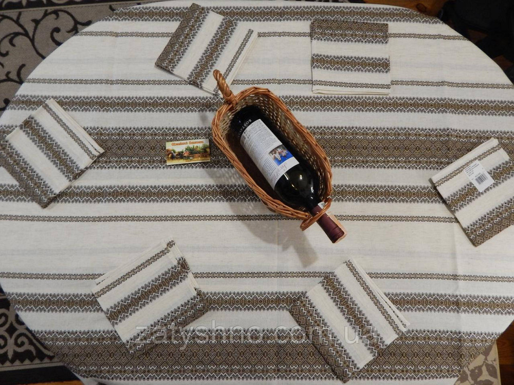 Кавова скатертина з серветками вишита на льону Київ - фото 1