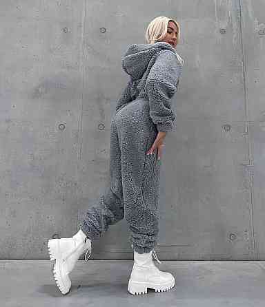 Жіночий теплий затишний комбінезон із капюшоном із хутра тедді Графіт, 46/48 Одеса