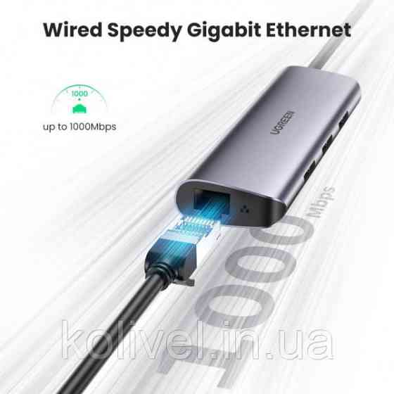 Хаб USB 3.1 Type-C -> 3хUSB 3.0 + RJ45 1000M Ethernet сірий UGREEN (60718) Київ