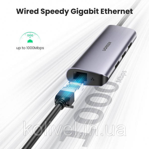 Хаб USB 3.1 Type-C -> 3хUSB 3.0 + RJ45 1000M Ethernet сірий UGREEN (60718) Київ - фото 3