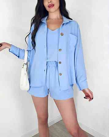 Жіночий легкий костюм-трійка: сорочка, майка та шорти креп жатка Блакитний, 44/46 Одеса