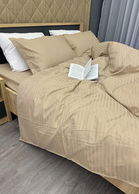 Комплект постельного белья Страйп-сатин Двуспальный 180х220 с простыней на резинке Бежевый (88-161) Киев - изображение 7