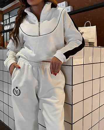 Жіночий теплий прогулянковий костюм-двійка з кантом тринитка на флісі Білий, 42/44 Одеса