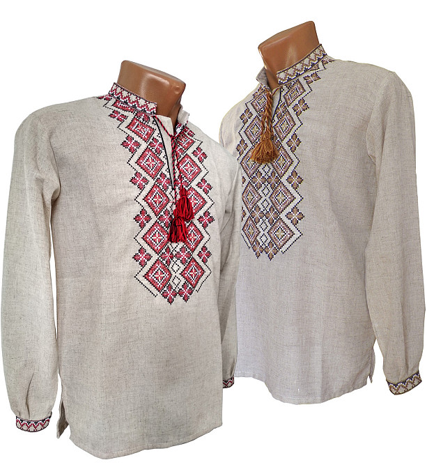 Лляна чоловіча вишиванка з орнаментом Святкова коричневий орнамент Київ - фото 2