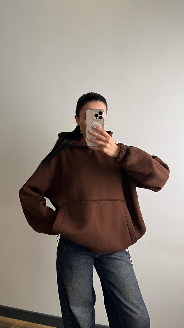 Жіноче тепле об'ємне базове худі оверсайз крою турецька тринитка на флісі Шоколад Одеса - фото 3